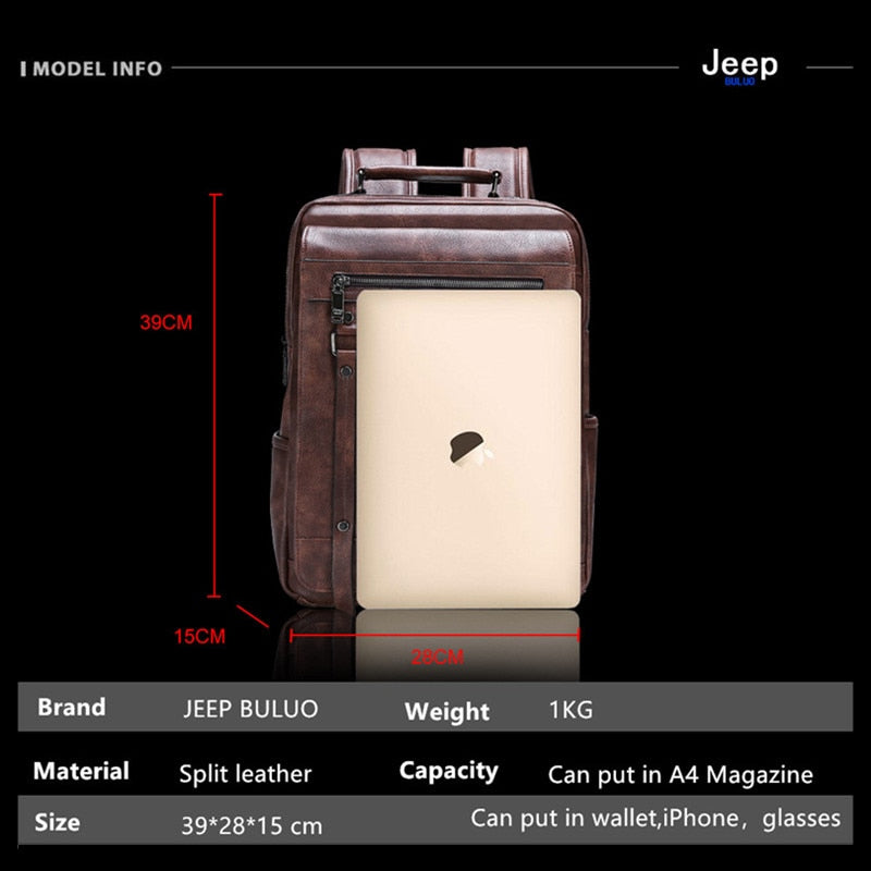 JEEP BULUO Trend Casual Laptop Bags High Capacity Feature Backpack Computer New Men&#39;s Bag Travel Split Leather Bags For Man