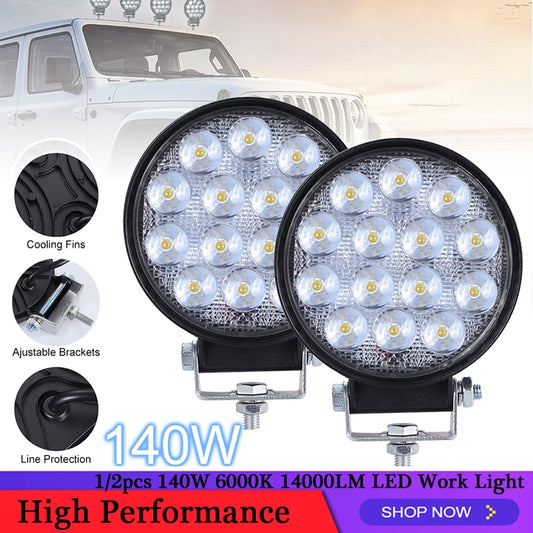 140W 6000K 14000LM Circular LED Work Light  Waterproof Spotlight Headlight Bulbs for Off-Road Suv Boat 4X4 Jeep Truck Cars